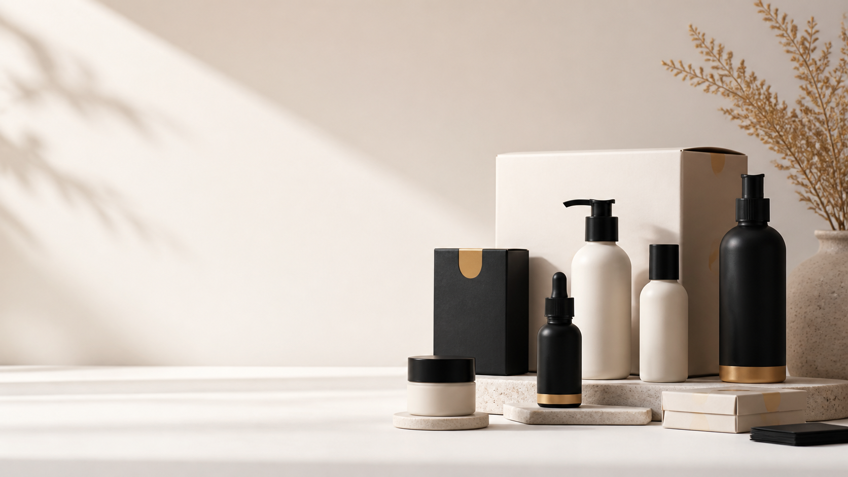 Minimalistische Produktkomposition mit Verpackungen und moderner E-Commerce-Anmutung